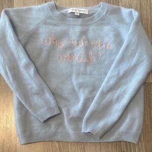 Light blue Cashmere Sweater with Embroidered Text, “Who run the world?”